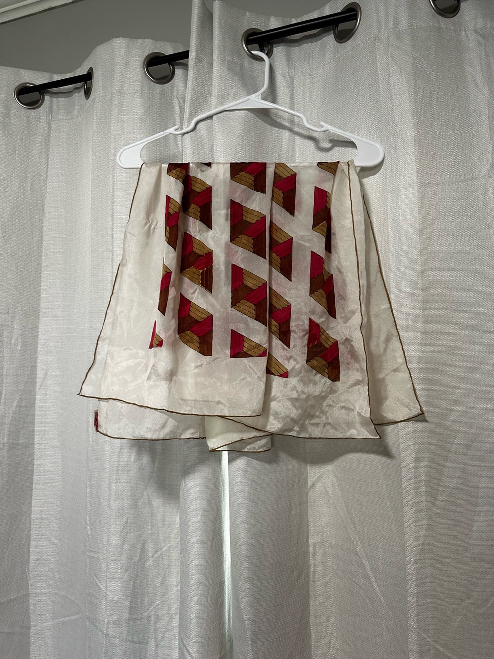 Sally Gee Hand Rolled Japanese Scarf with Geometric Red & Brown